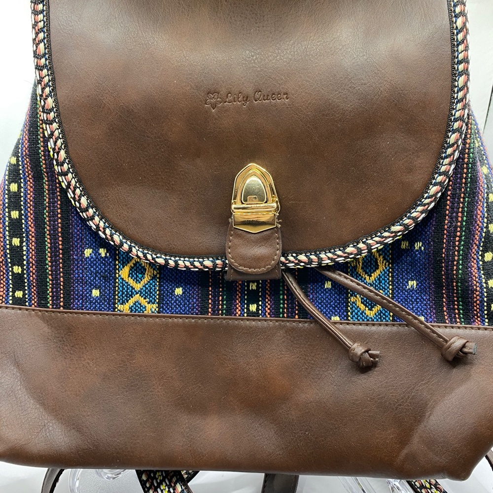 Backpack purse-Brown leather look with southwest style material